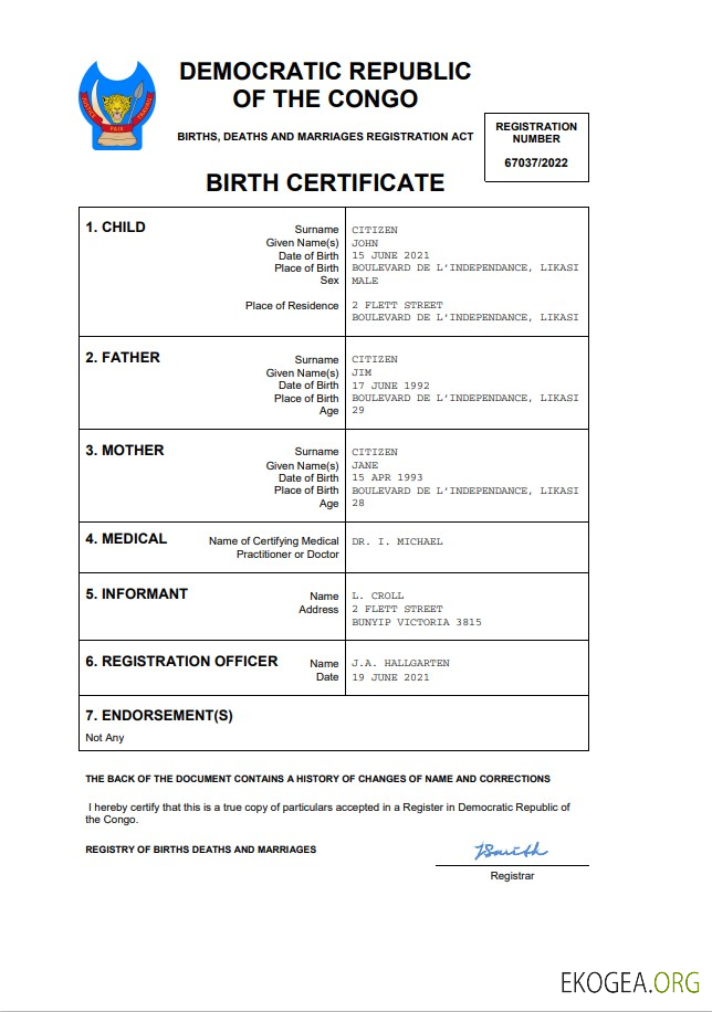 Modèle Word et PDF d'acte de naissance en République démocratique du Congo